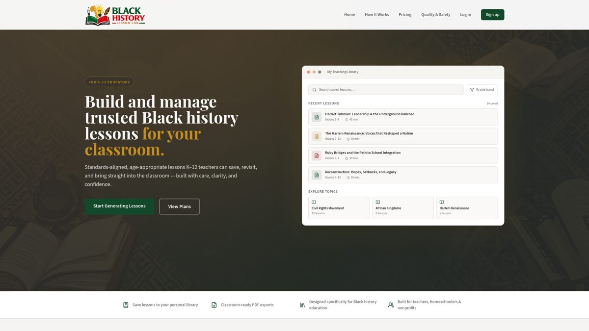 Black History Lesson Lab website homepage
