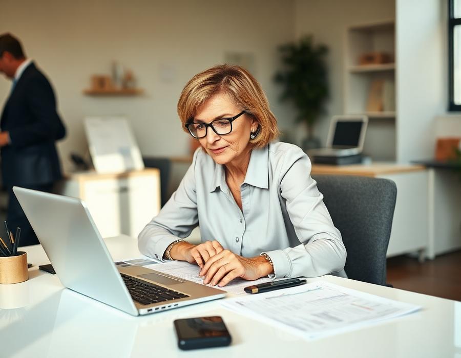 Accountant working at a desk with client reports
