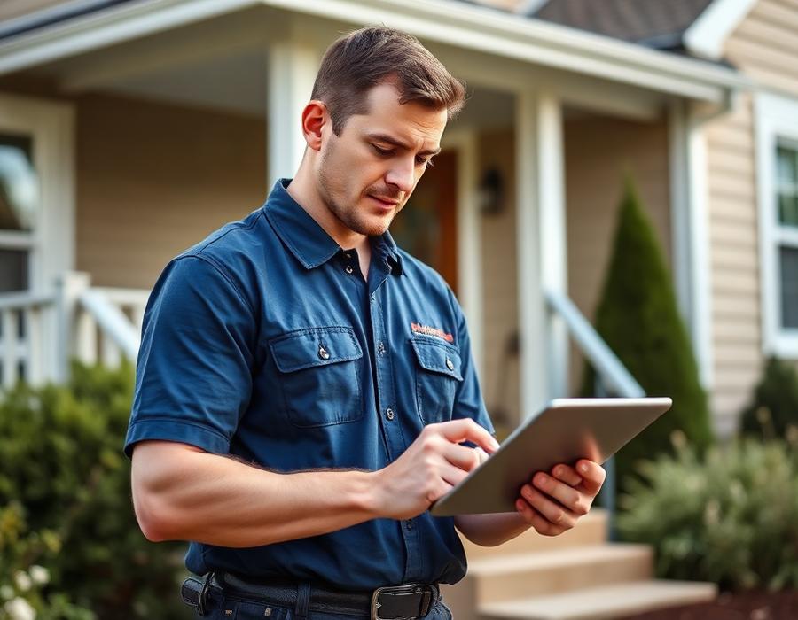 Field service technician checking a tablet outside a home