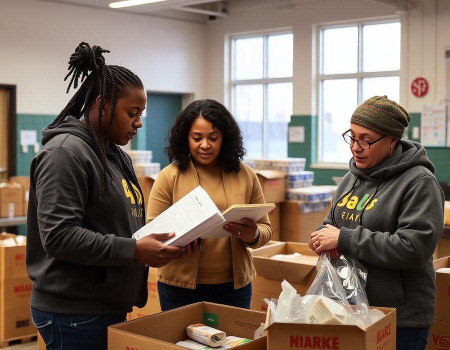 Nonprofit team packing supplies in a community center