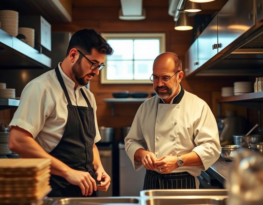 Chef and manager reviewing prep in a small restaurant kitchen