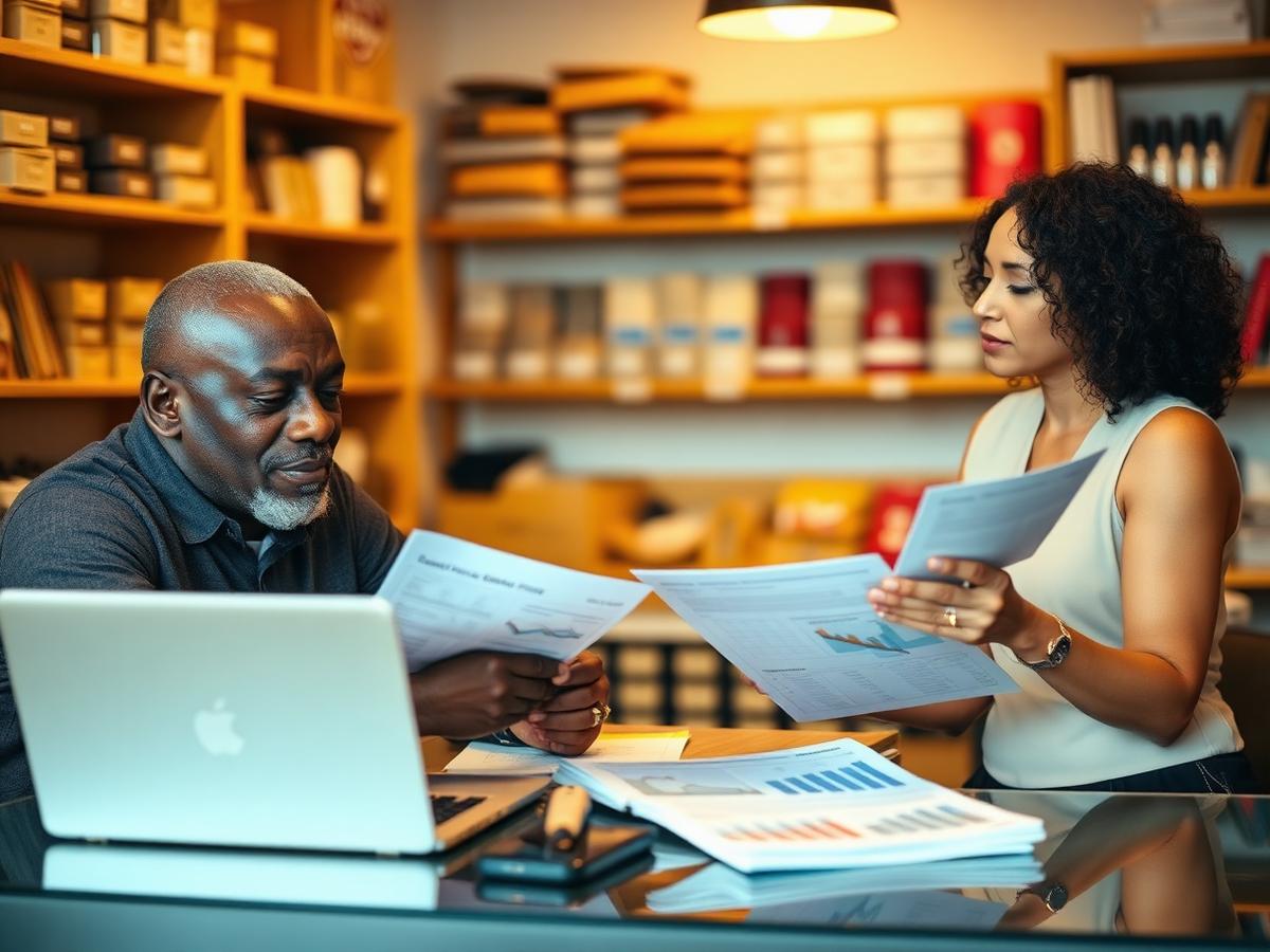 Small business owner reviewing performance with an advisor