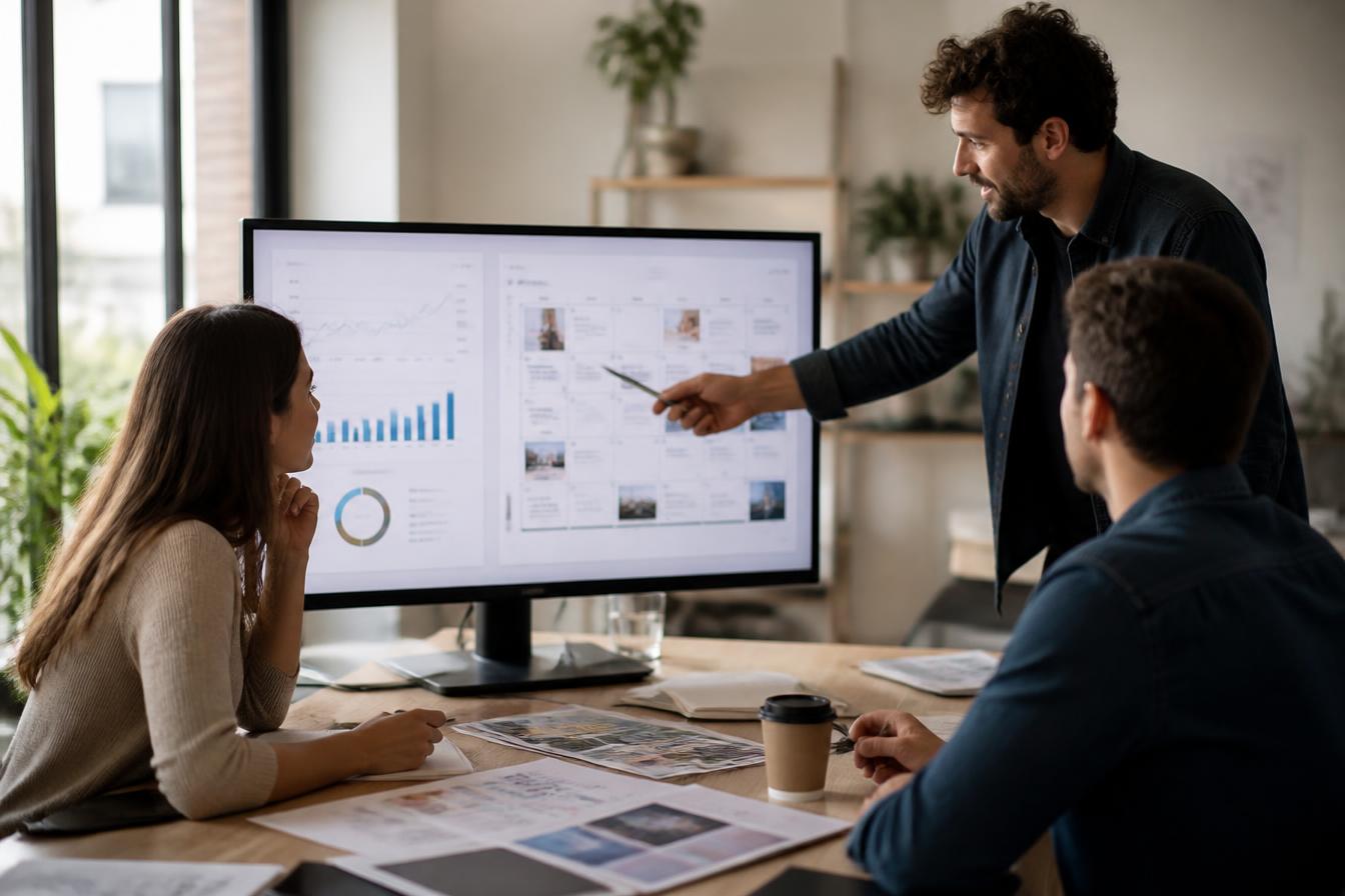 Marketing team reviewing website analytics on a monitor
