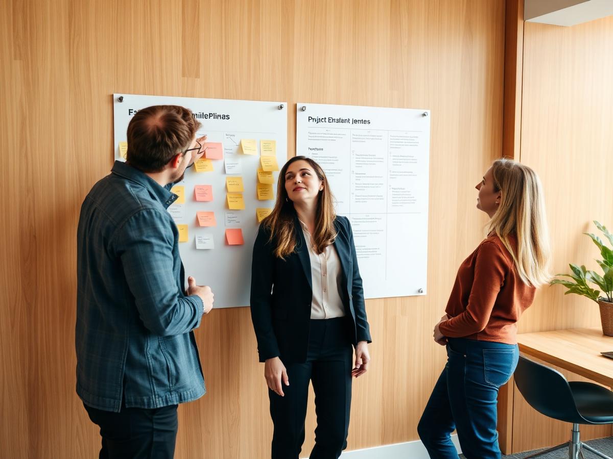 Small project team reviewing milestones together on a planning wall